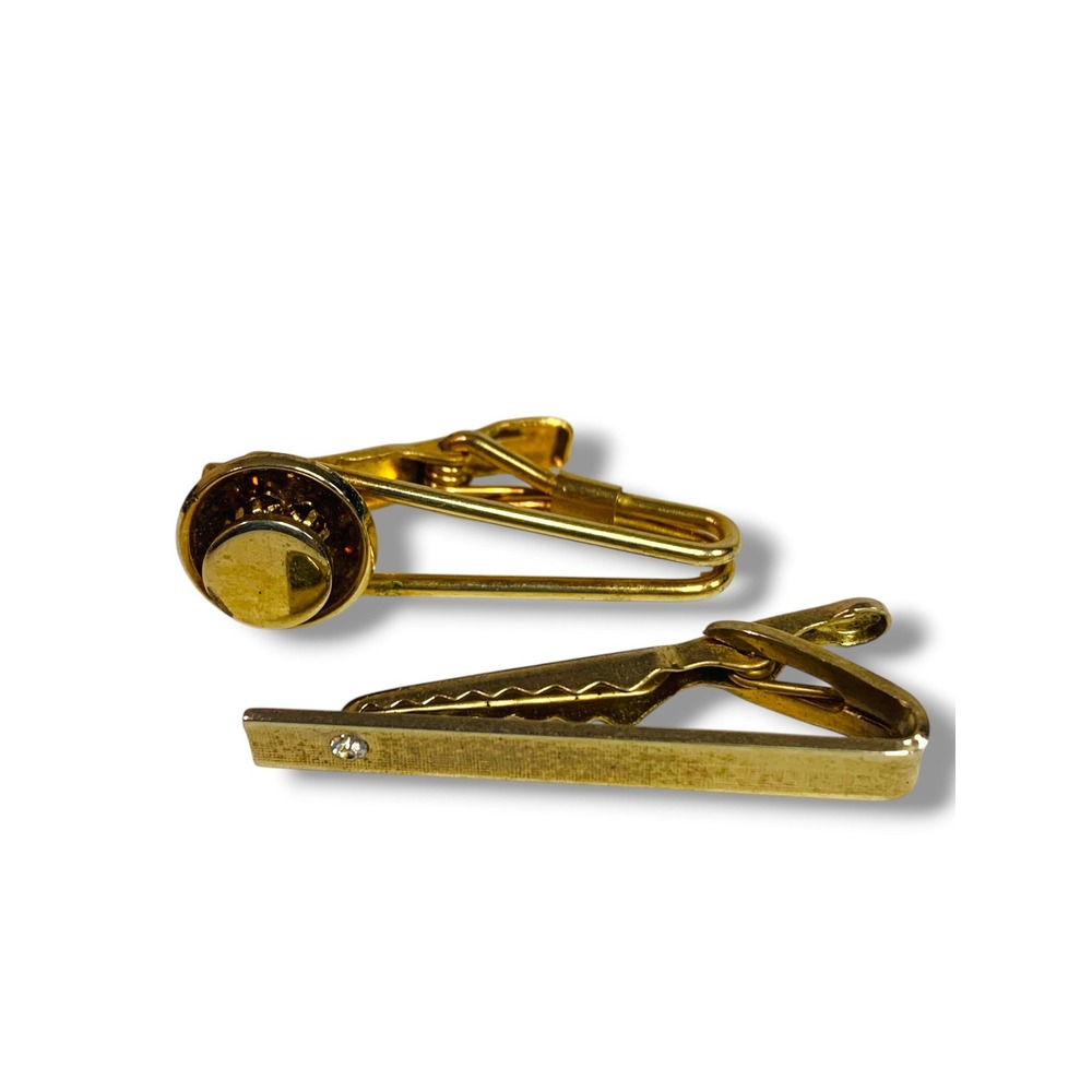 Set of 2 Vintage Tie Clips Goldtone Lever Pioneer Shields 1.75"